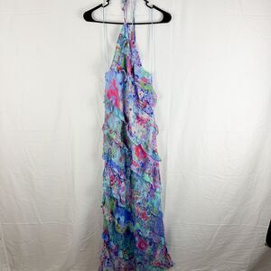 ZARA Watercolor Floral Halter Backless Maxi Dress Size XL Ruffle Details